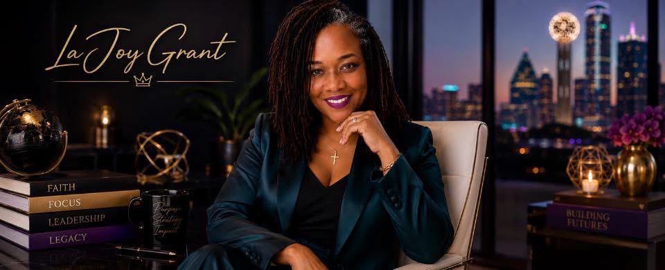 LaJoy Grant, executive portrait with the Dallas skyline