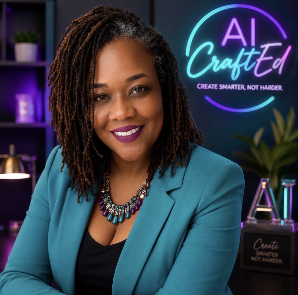 LaJoy Grant in front of AI CraftEd signage
